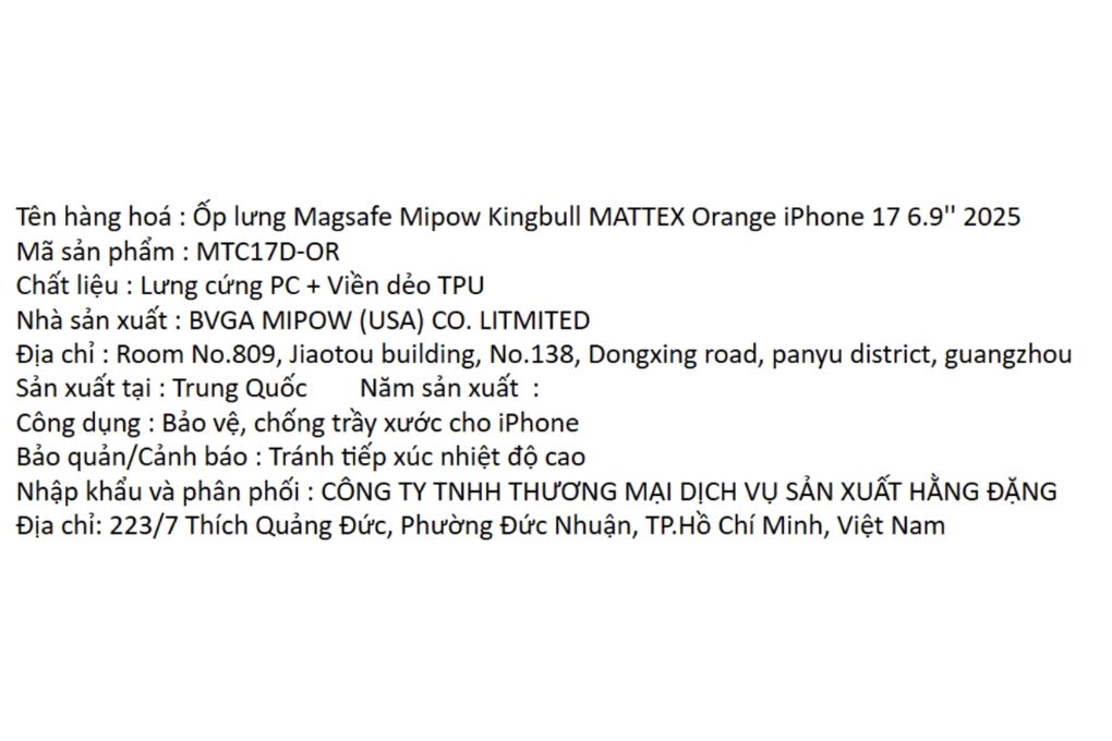 Ốp lưng MagSafe iPhone 17 Pro Max PC TPU MIPOW MATTEX MTC17D-OR Màu Cam