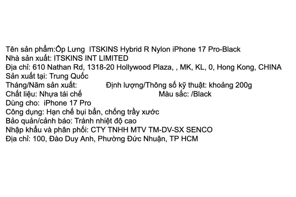 Ốp lưng iPhone 17 Pro Nylon PC TPU ITSKINS Hybrid R Màu Đen