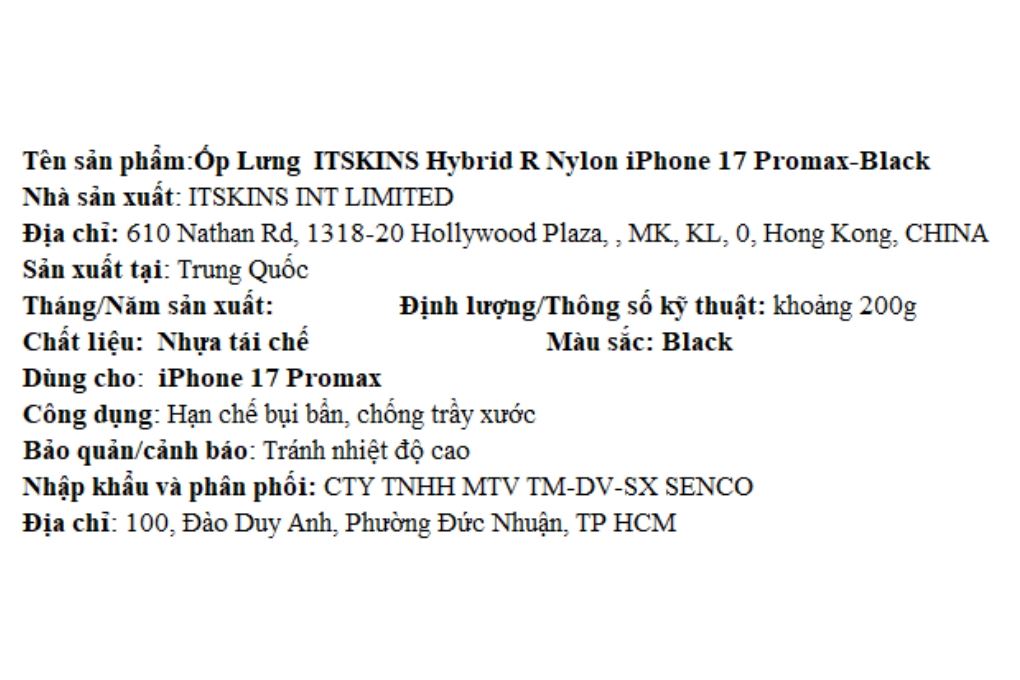 Ốp lưng iPhone 17 Pro Max Nylon PC TPU ITSKINS Hybrid R Màu Đen
