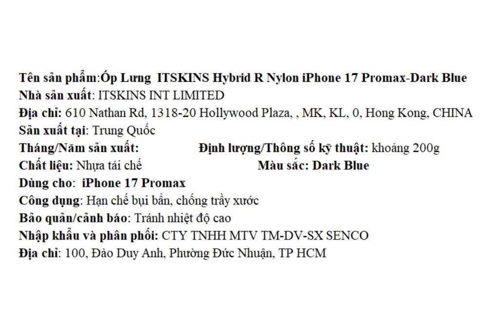 Ốp lưng iPhone 17 Pro Max Nylon PC TPU ITSKINS Hybrid R Màu Xanh Dương