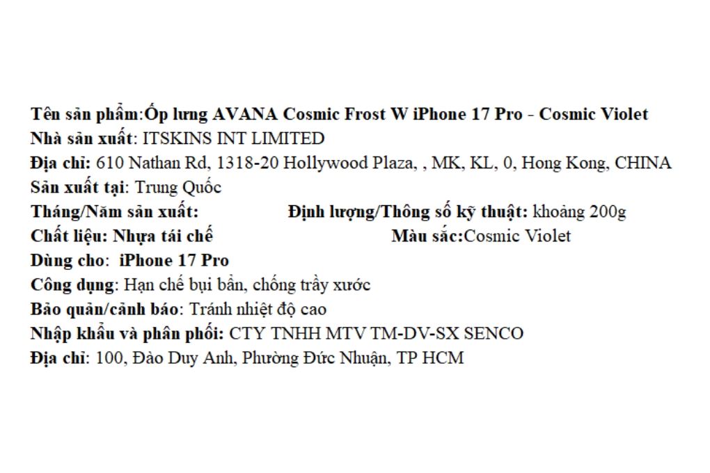 Ốp lưng MagSafe iPhone 17 Pro PC TPU AVANA Cosmic Frost Màu Tím