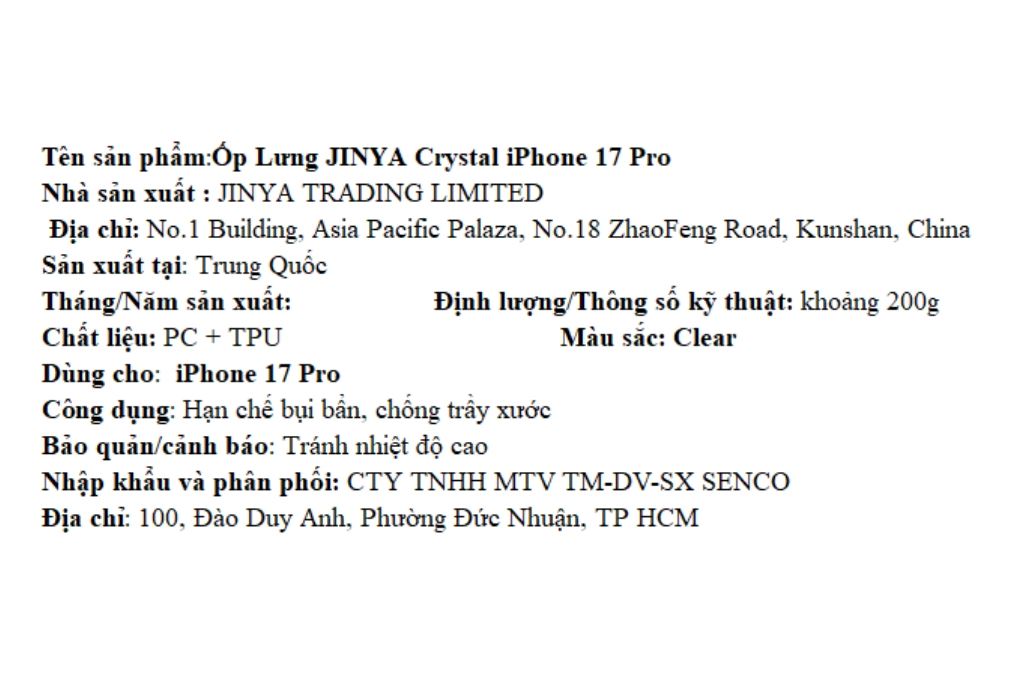 Ốp lưng iPhone 17 Pro PC TPU JINYA Màu Trắng