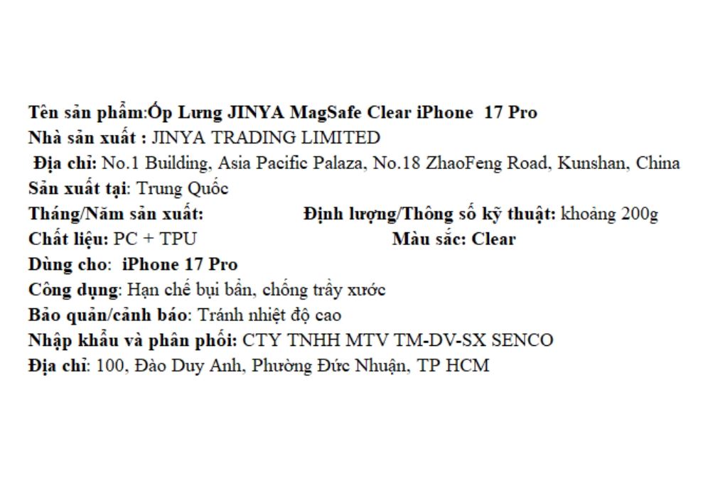Ốp lưng MagSafe iPhone 17 Pro PC TPU JINYA Màu Trắng