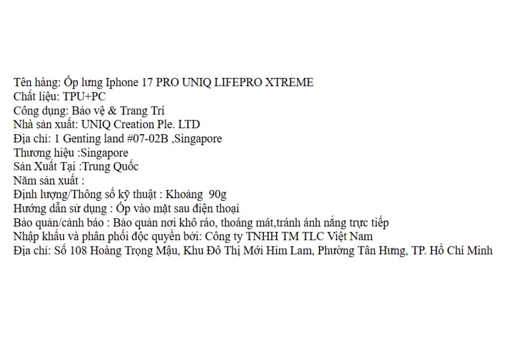 Ốp lưng iPhone 17 Pro PC TPU UNIQ LIFEPRO XTREME Màu Trắng