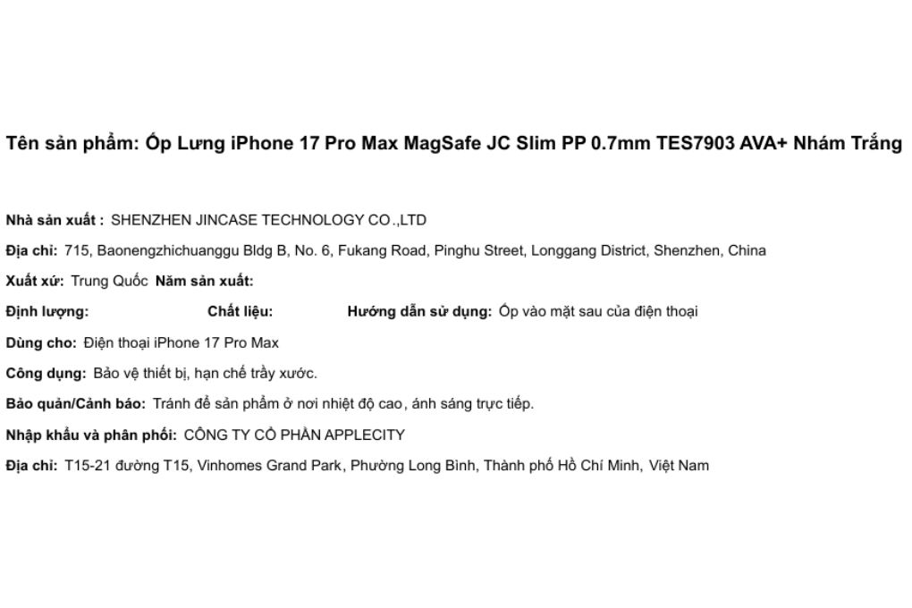 Ốp lưng MagSafe iPhone 17 Pro Max JC Slim PP 0.7mm AVA+ TES7903 Màu Trắng