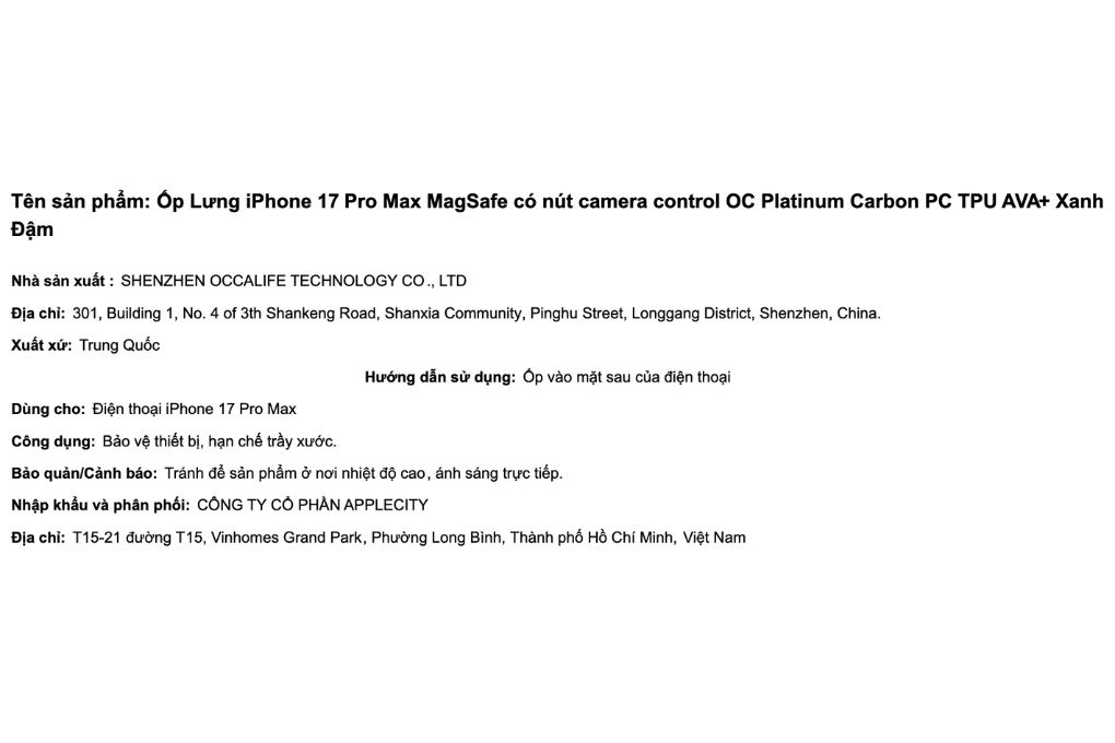 Ốp lưng MagSafe iPhone 17 Pro Max PC TPU AVA+ có nút camera control OC Platinum Carbon Màu Xanh Navy