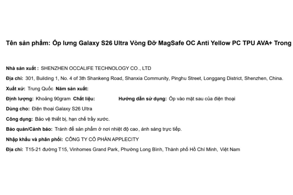 Ốp lưng MagSafe Galaxy S26 Ultra PC TPU AVA+ Vòng Đỡ OC Anti Yellow Màu Trắng