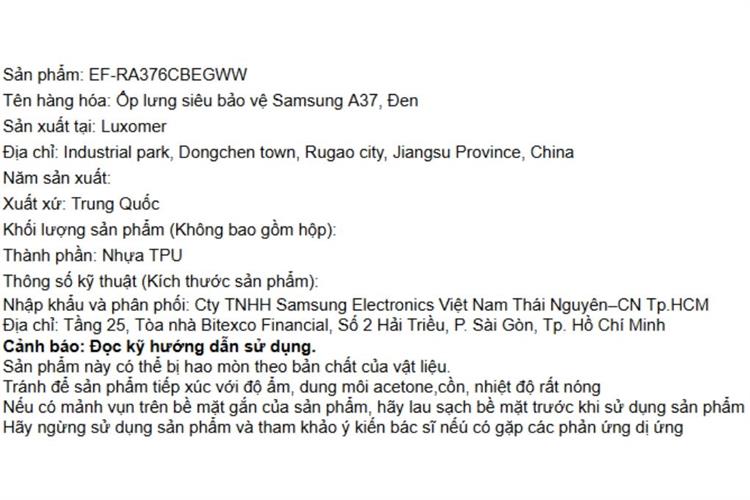 Ốp lưng Galaxy A37 TPU siêu bảo vệ Samsung Chính hãng Màu Đen