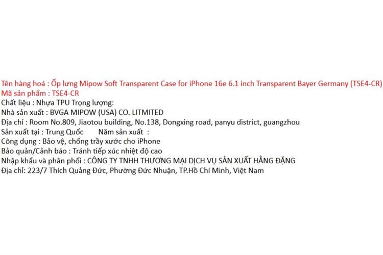 Ốp lưng iPhone 17e/iPhone 16e TPU MIPOW TSE4-CR Màu Trắng