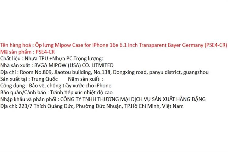 Ốp lưng iPhone 17e/iPhone 16e PC TPU MIPOW PSE4-CR Màu Trắng