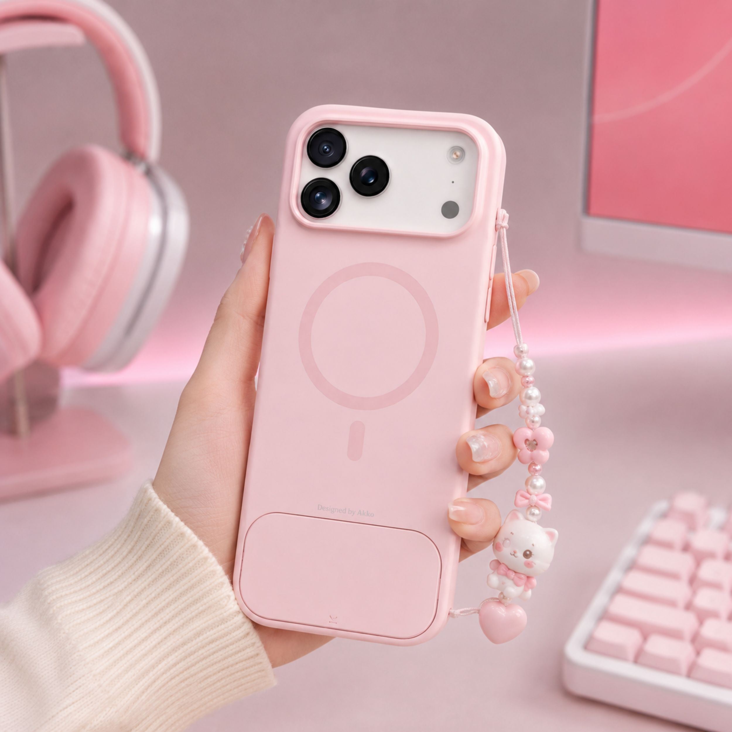Ốp lưng iPhone 17 Pro Max kèm bàn phím Akko MetaKey Màu Hồng