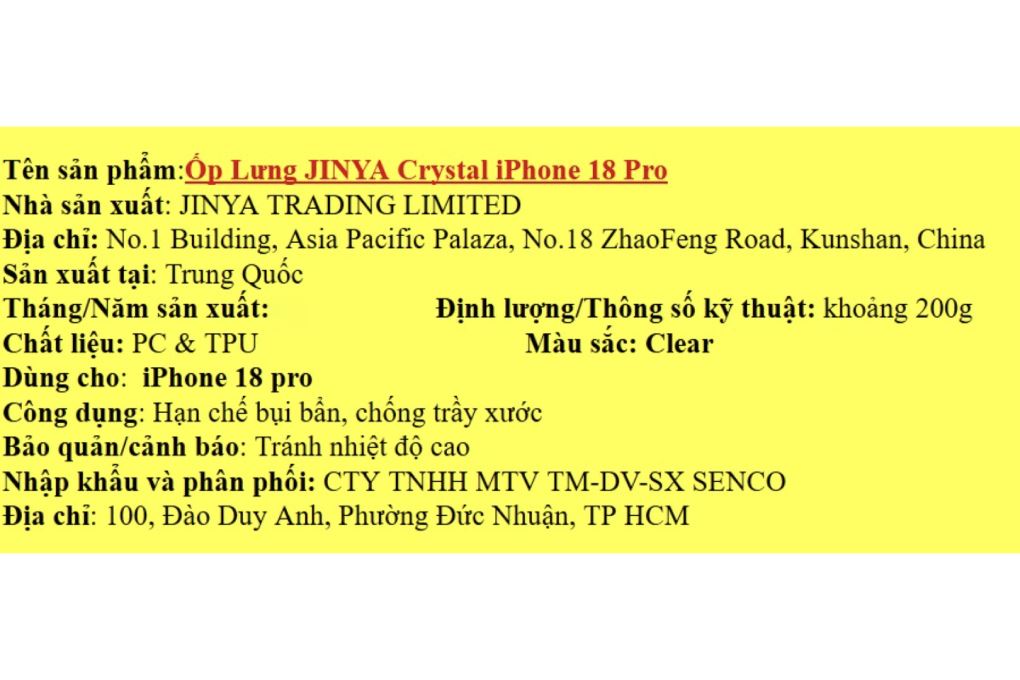Ốp lưng iPhone 18 Pro PC TPU JINYA Crystal Màu Trắng