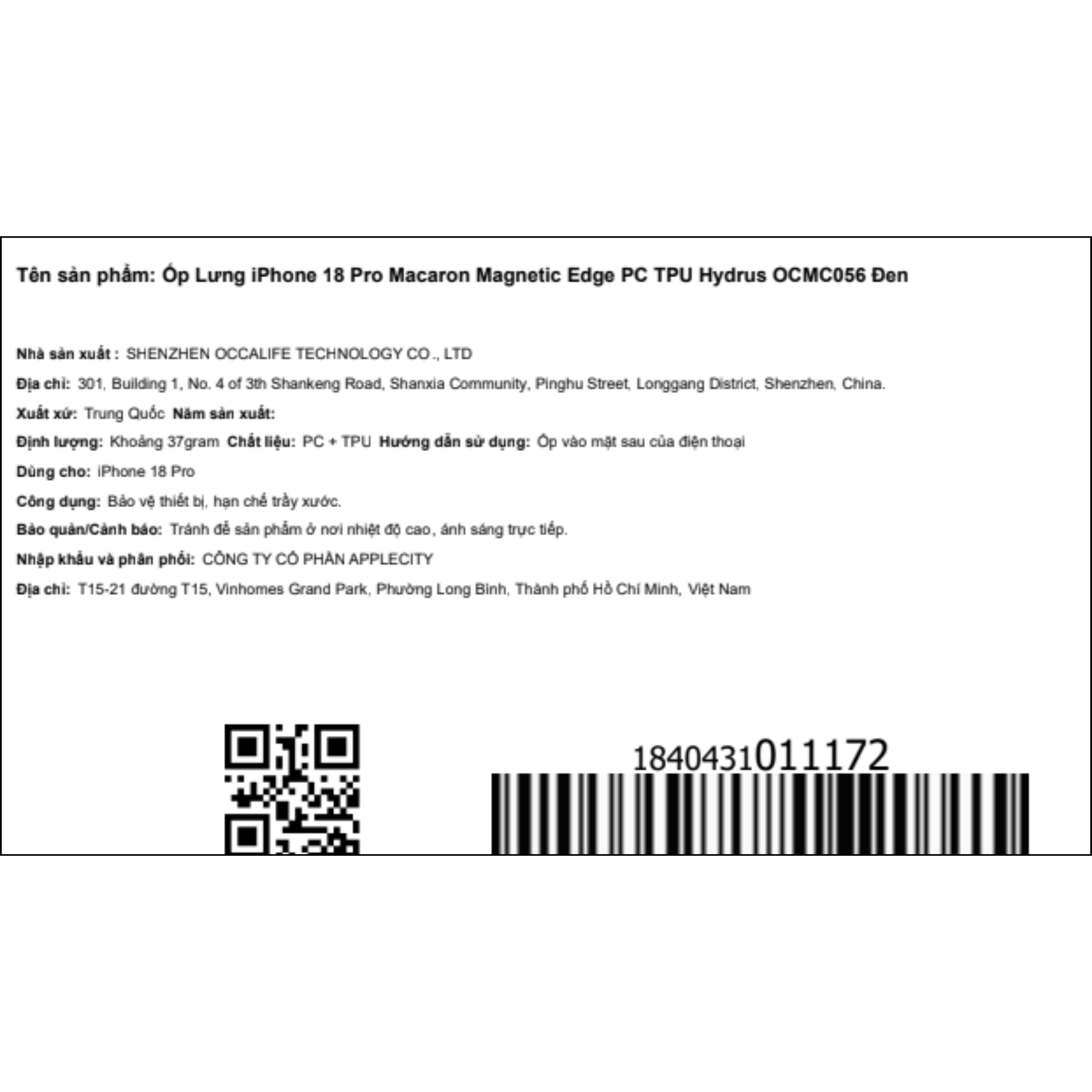 Ốp Lưng Magnetic iPhone 18 Pro PC TPU Hydrus Macaron Edge OCMC056 Màu Đen