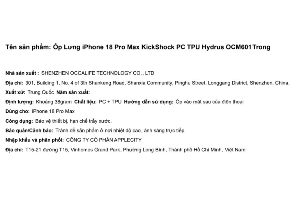 Ốp Lưng iPhone 18 Pro Max PC TPU Hydrus KickShock OCM601