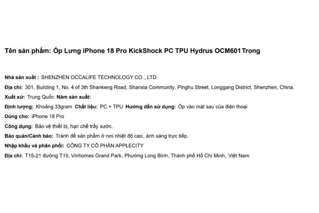 Ốp lưng iPhone 18 Pro PC TPU KickShock Hydrus OCM601