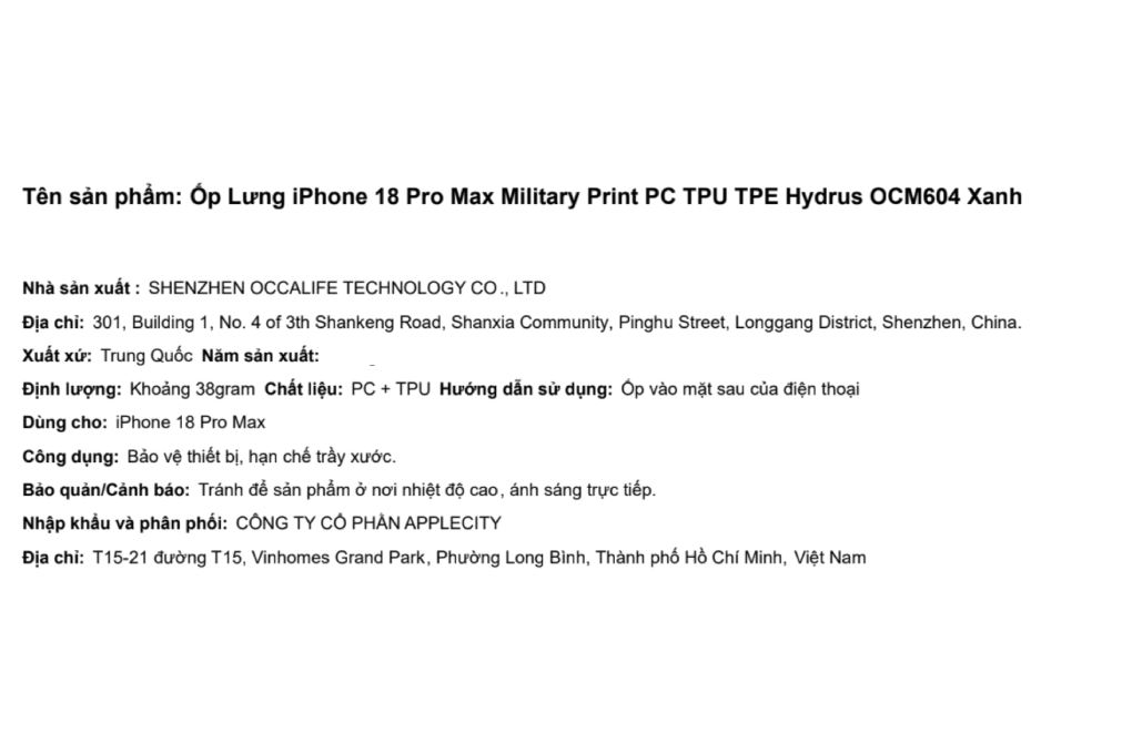 Ốp lưng iPhone 18 Pro Max PC TPU TPE Military Print Hydrus OCM604 Màu Xanh
