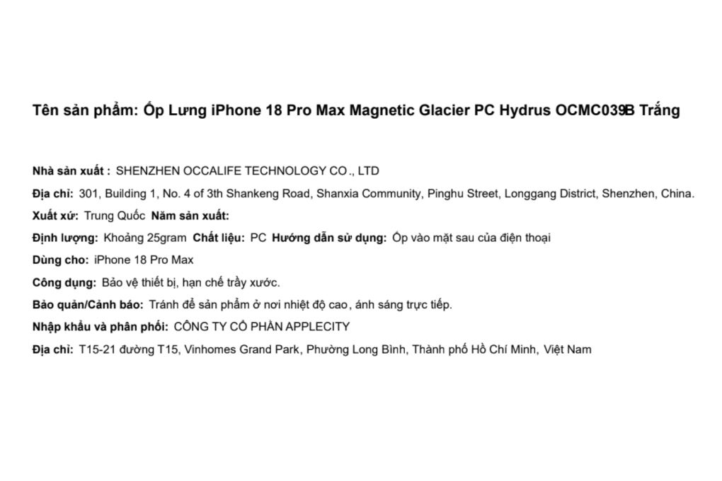 Ốp lưng Magnetic iPhone 18 Pro Max PC Glacier Hydrus OCMC039B Màu Trắng