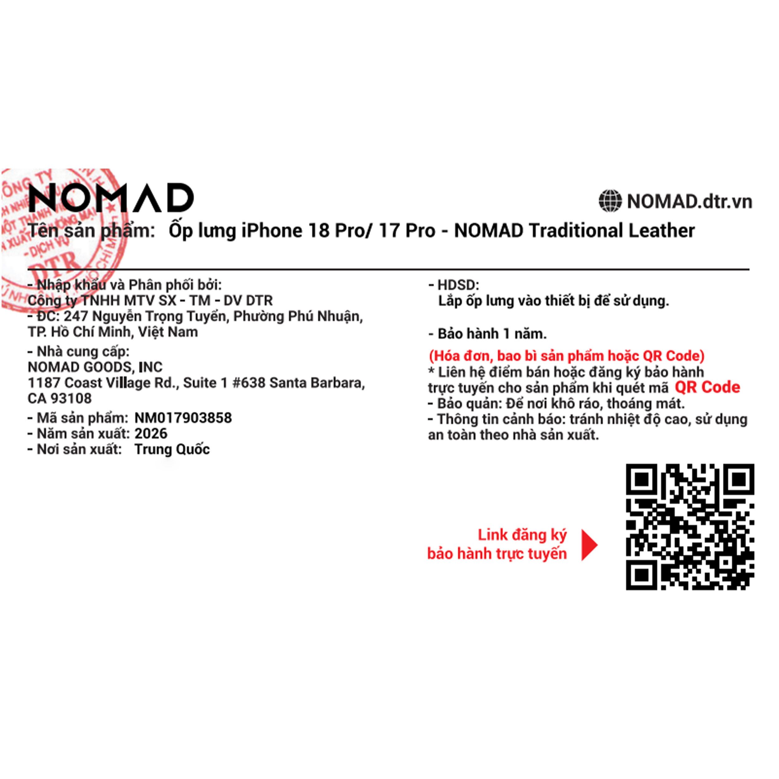Ốp lưng Magnetic iPhone 18 Pro/ 17 Pro NOMAD Traditional Leather NM017910858 Màu Nâu đậm