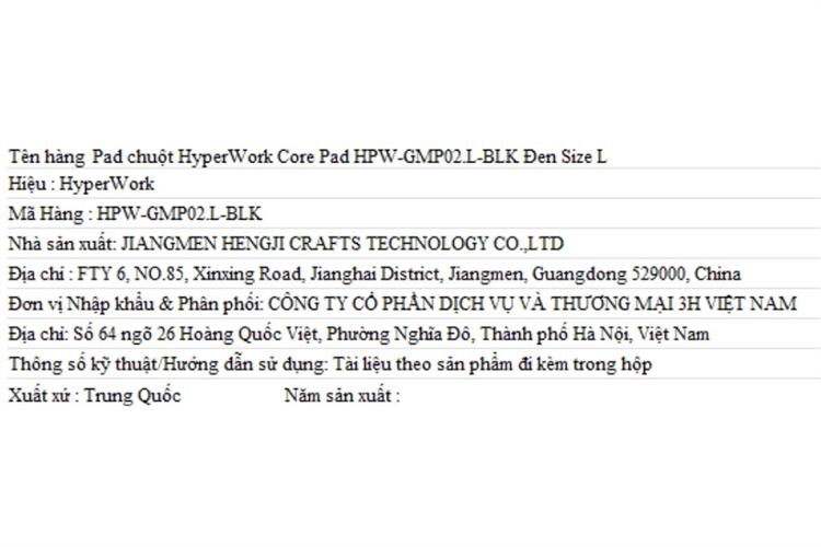Miếng lót chuột HyperWork Core Pad Size L Màu Đen