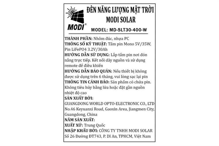 Đèn đường năng lượng mặt trời Modi MD-SLT 30- 400-W Màu Đen