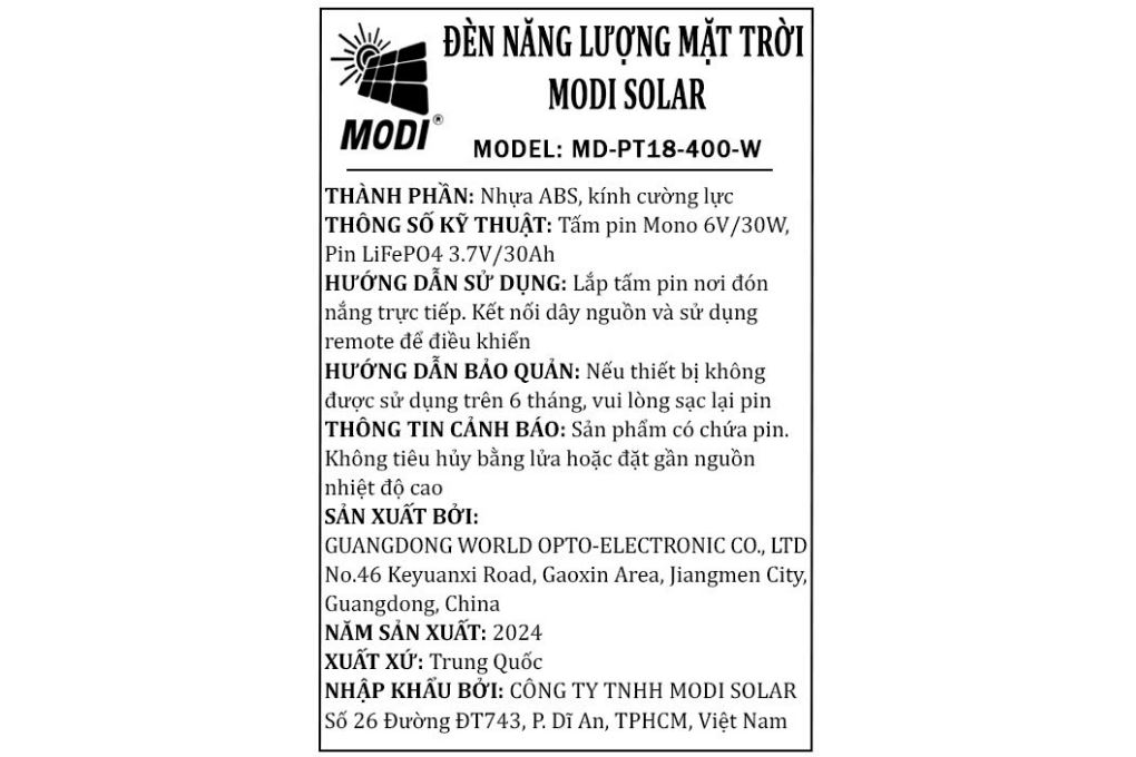 Đèn pha năng lượng mặt trời Modi MD-PT18-400-W Màu Đen