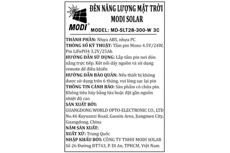 Đèn pha liền thể năng lượng mặt trời Modi MD-STL28-300-W 3C Màu Đen