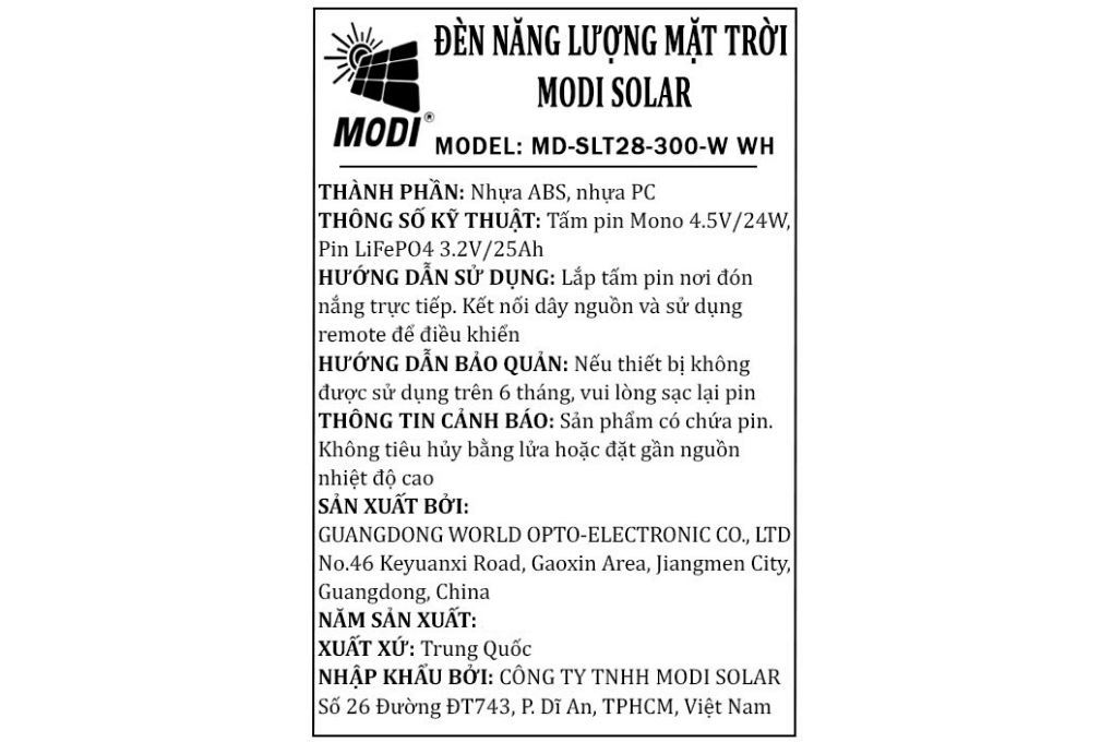 Đèn đường liền thể năng lượng mặt trời Modi MD-SLT28-300-W 6500K - 5