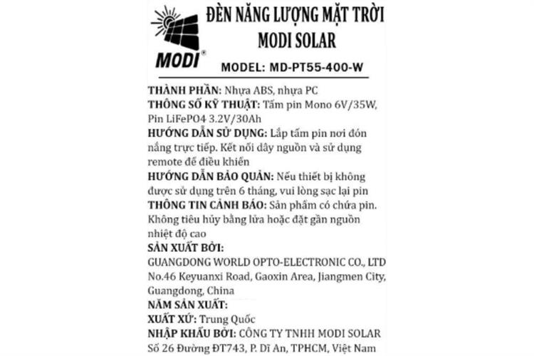 Đèn pha năng lượng mặt trời MODI MD-PT55-400-W Màu Trắng