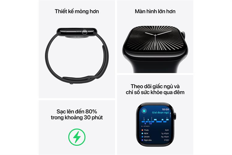 Apple Watch Series 10 GPS 42mm viền nhôm dây thể thao Màu Đen bóng