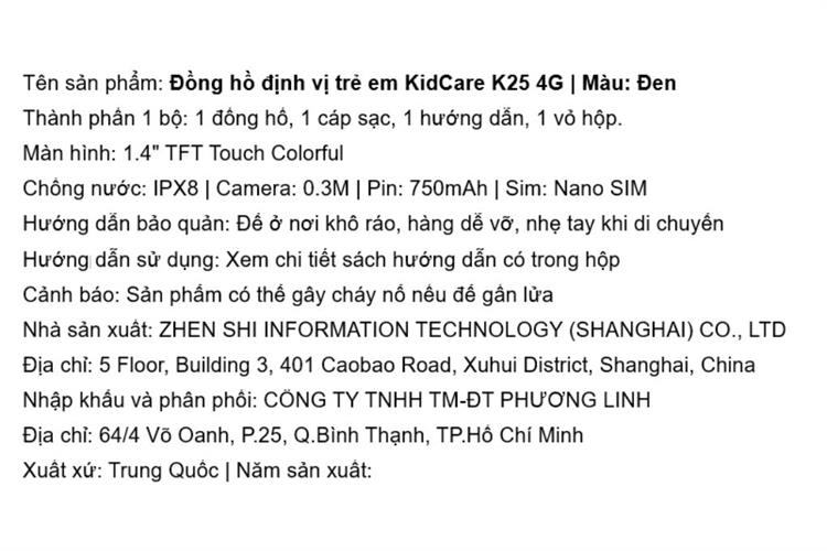 Đồng hồ định vị trẻ em Kidcare K25 4G Màu Đen