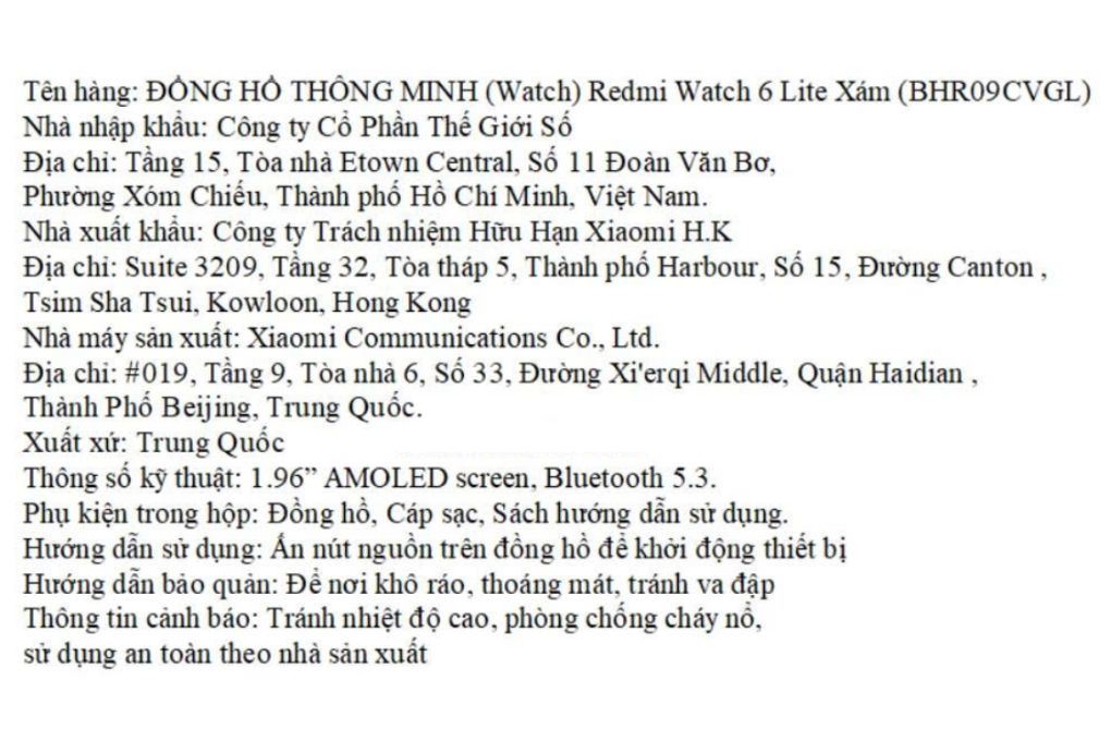 Xiaomi Redmi Watch 6 Lite 48 mm dây TPU Màu Xám