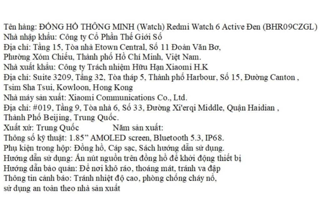 Xiaomi Redmi Watch 6 Active 47 mm dây TPU Màu Đen