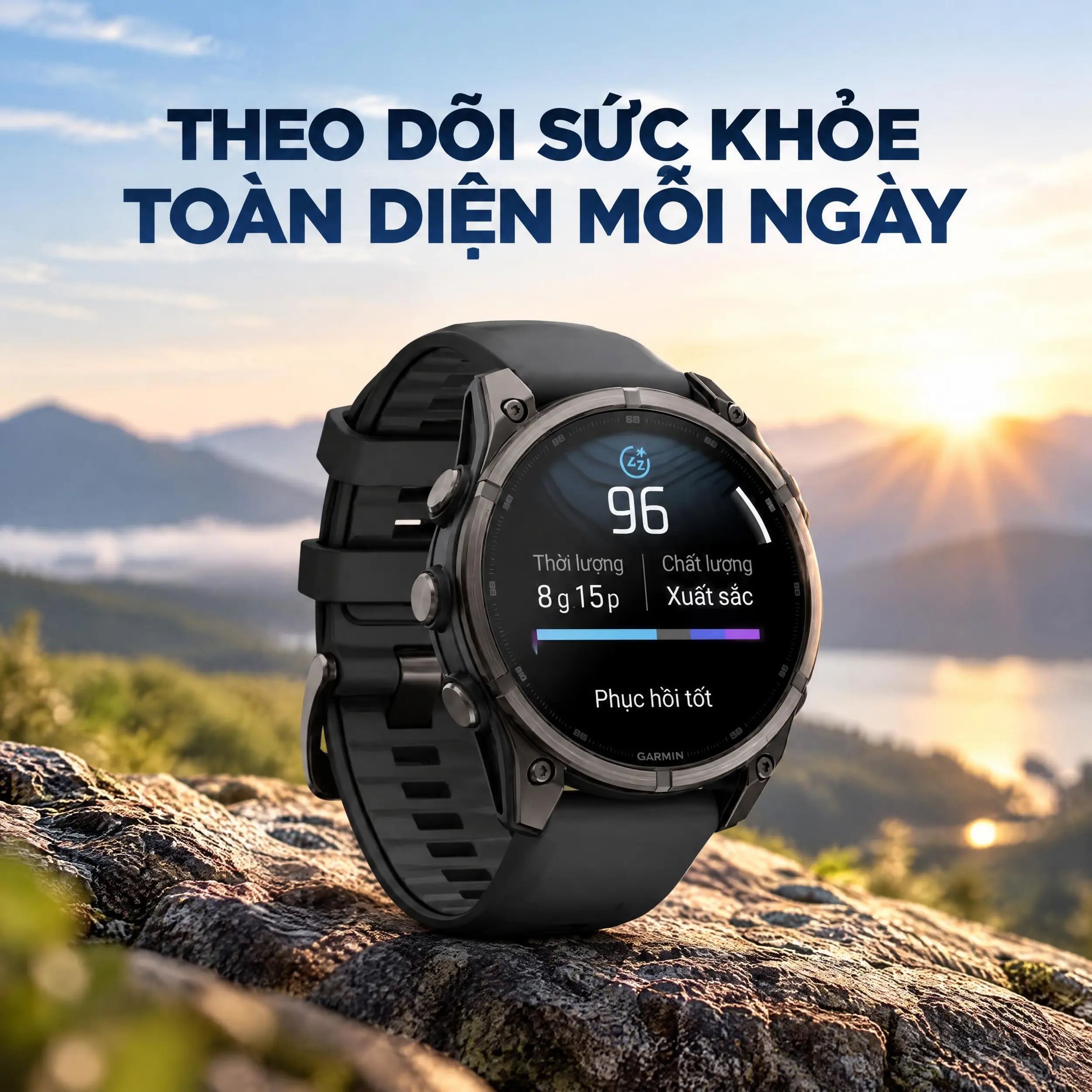 Garmin Fenix 9 Sapphire 47 mm viền Titanium Carbon dây silicone - theo dõi sức khoẻ