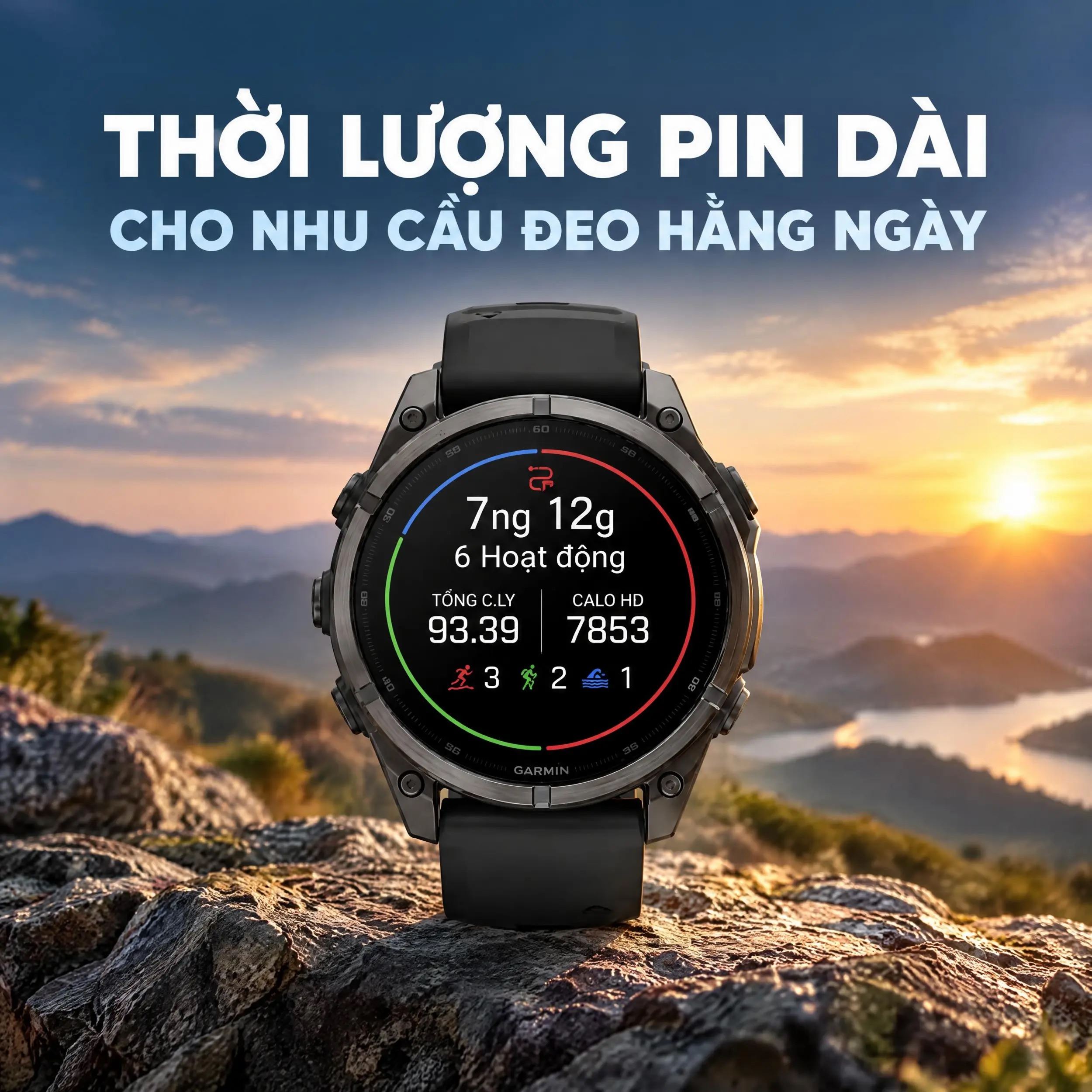 Garmin Fenix 9 Sapphire 47 mm viền Titanium Carbon dây silicone - thời lượng Pin