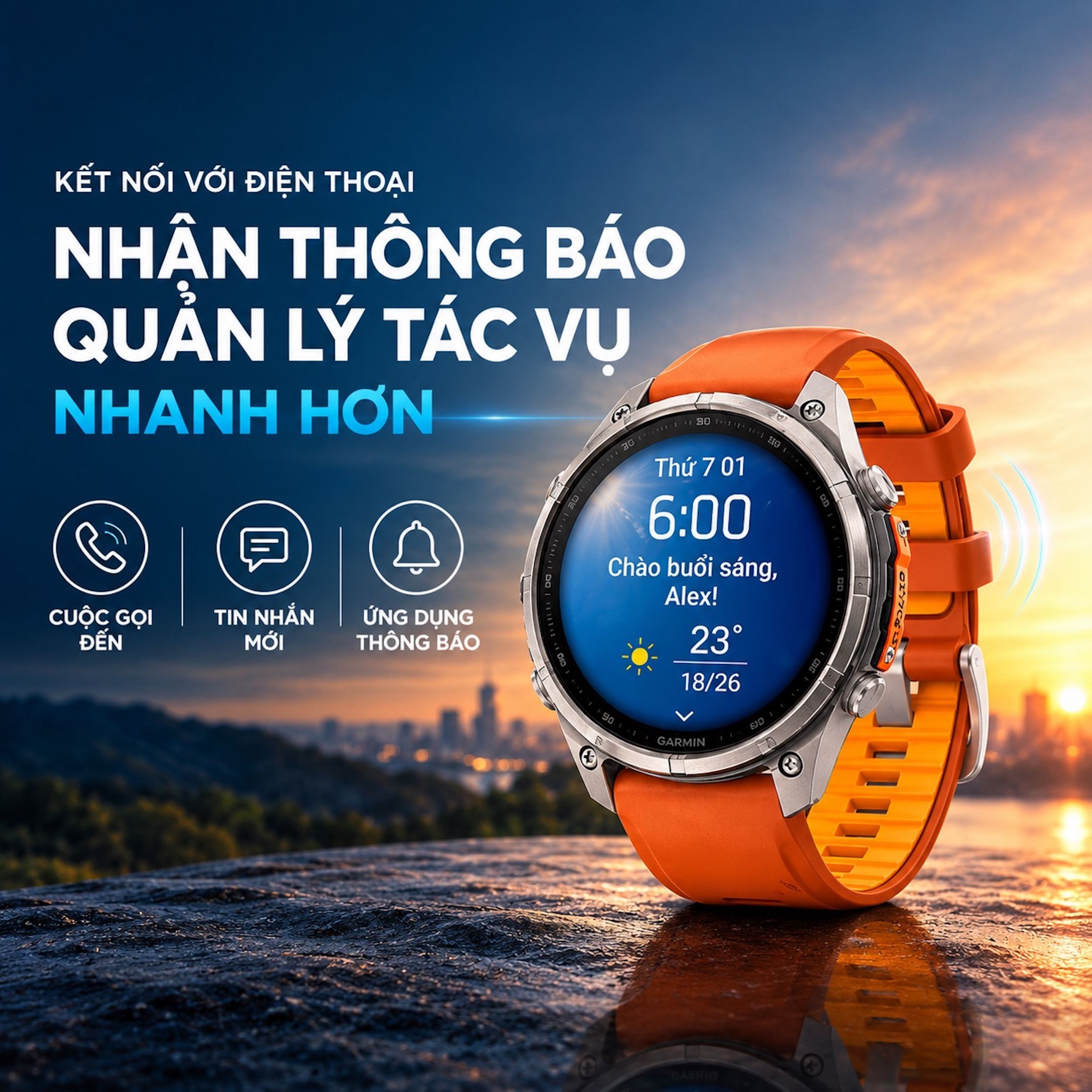 Garmin Fenix 9 Pro Sapphire 47mm viền Titanium dây silicone - kết nối điện thoại
