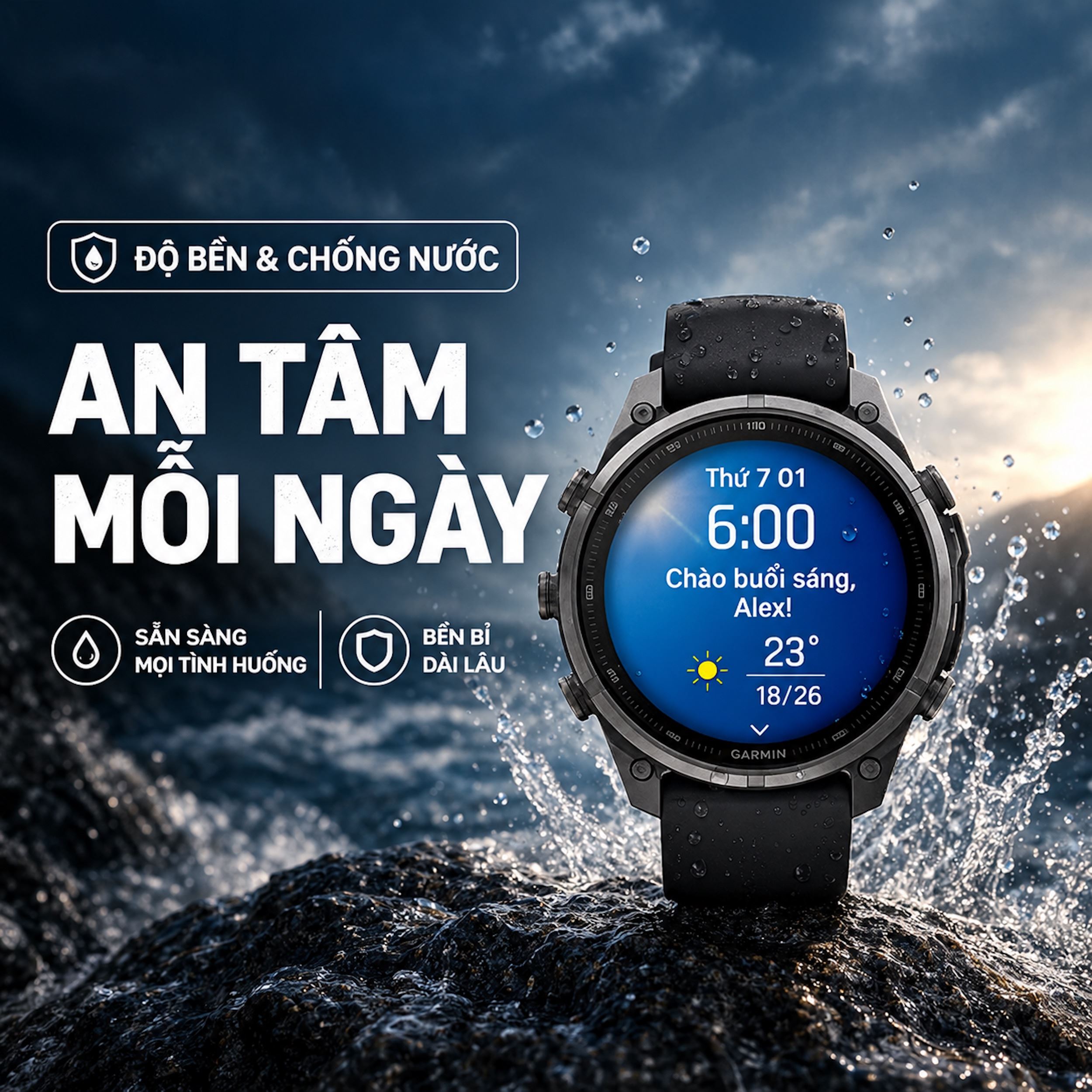 Garmin Fenix 9 Pro Sapphire 47mm viền Titanium Carbon dây silicone - chống nước