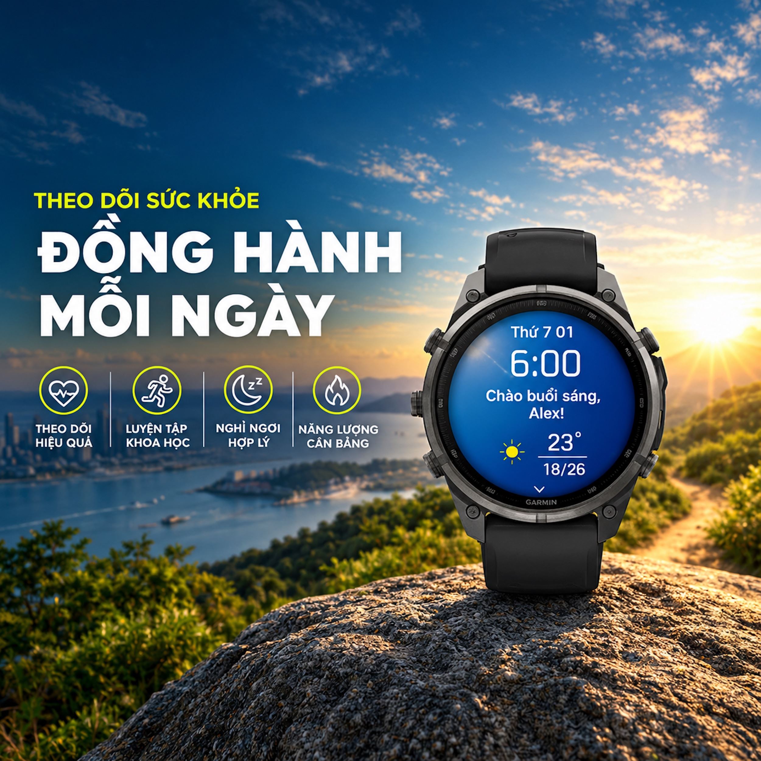 Garmin Fenix 9 Pro Sapphire 47mm viền Titanium Carbon dây silicone - theo dõi sức khoẻ