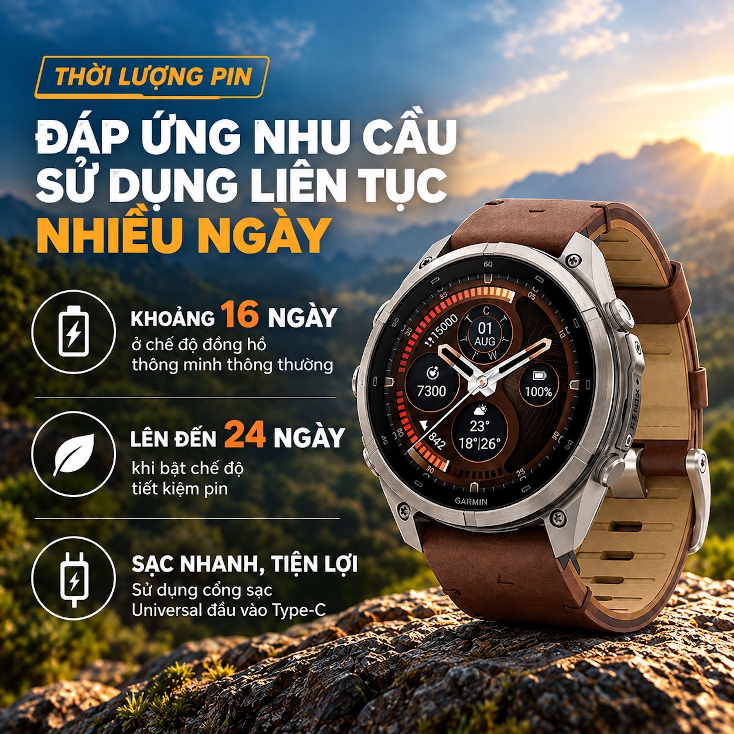 Garmin Fenix 9 Pro Sapphire 47mm viền Titanium dây da - thời lượng pin Garmin Fenix 9 Pro Sapphire 47mm viền Titanium dây da - thời lượng pin