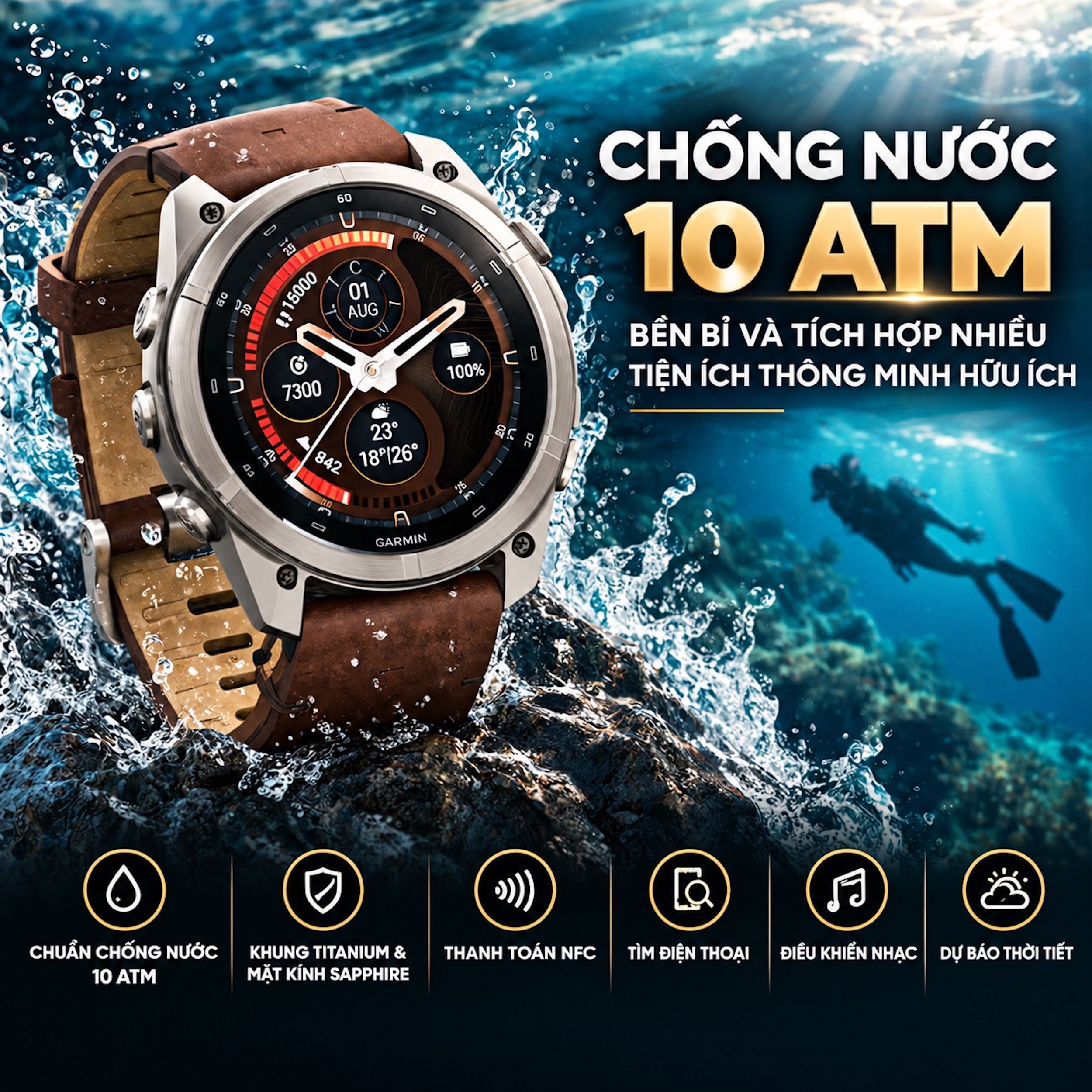 Garmin Fenix 9 Pro Sapphire 47mm viền Titanium dây da - chông nước, tiện ích Garmin Fenix 9 Pro Sapphire 47mm viền Titanium dây da - chông nước, tiện ích