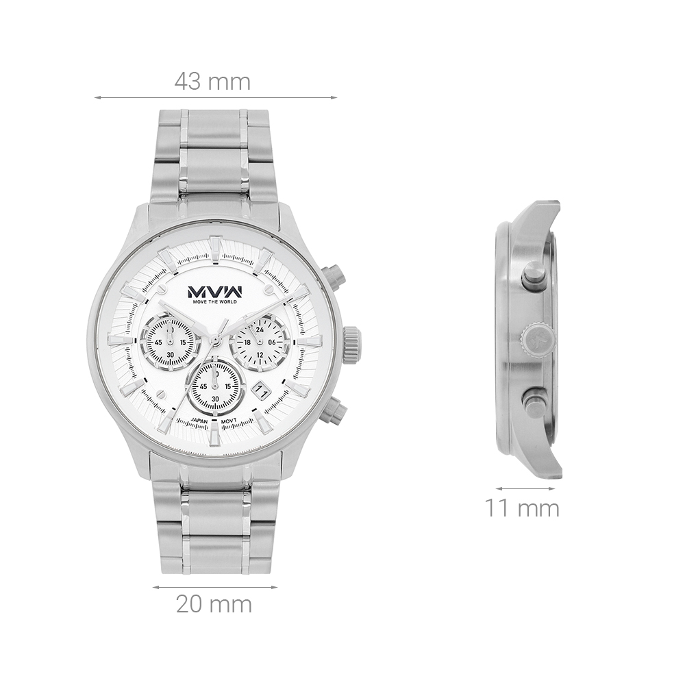 Đồng hồ MVW Sport 43 mm Nam MS099-01 Màu Bạc