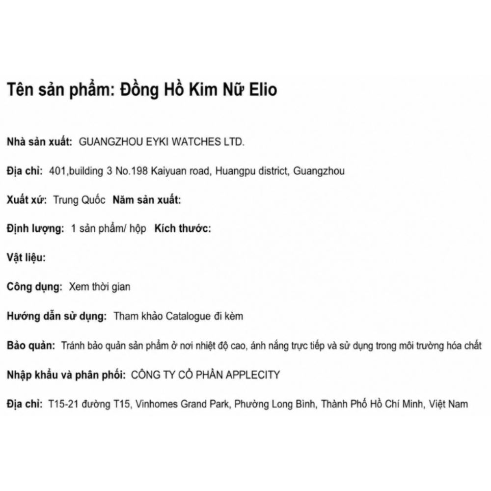Đồng hồ Elio 30 mm Nữ ES290-01 Màu Vàng