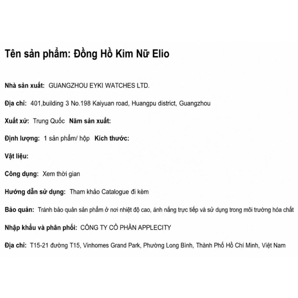 Đồng hồ Elio 28 mm Nữ ES301-01 Màu Bạc