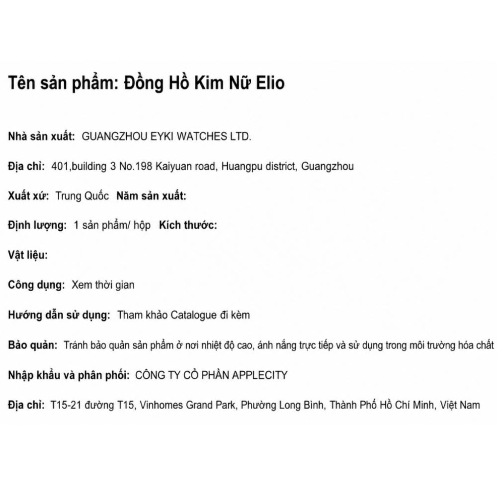 Đồng hồ Elio 23 mm Nữ ES261-02 Màu Vàng