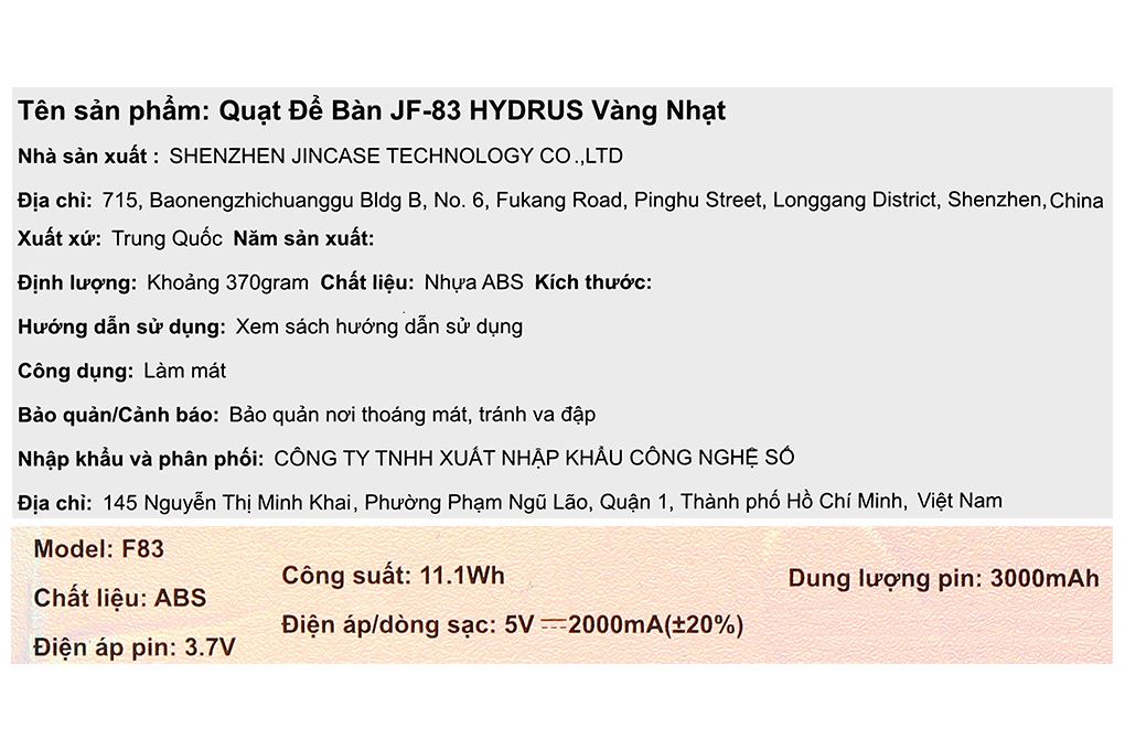 Quạt để bàn mini Hydrus JF-83 Màu vàng