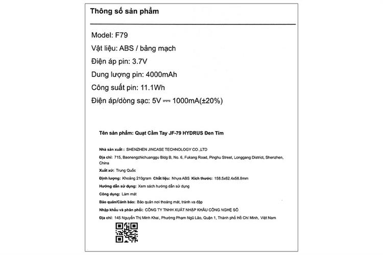 Quạt cầm tay mini Hydrus JF-79 Màu Đen