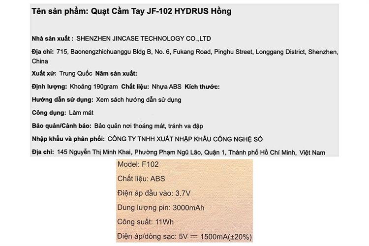 Quạt cầm tay mini Hydrus JF-102 Màu Hồng
