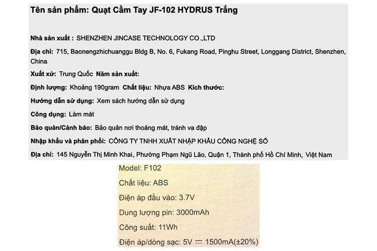 Quạt cầm tay mini Hydrus JF-102 Màu Trắng
