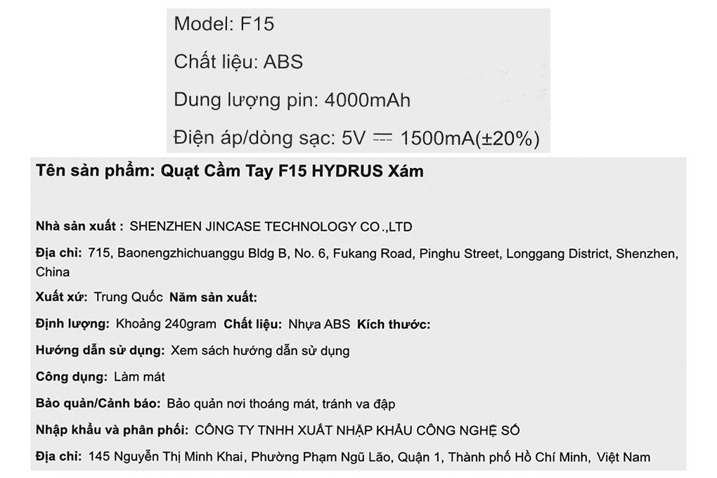 Quạt cầm tay mini Hydrus F15 Màu Xám