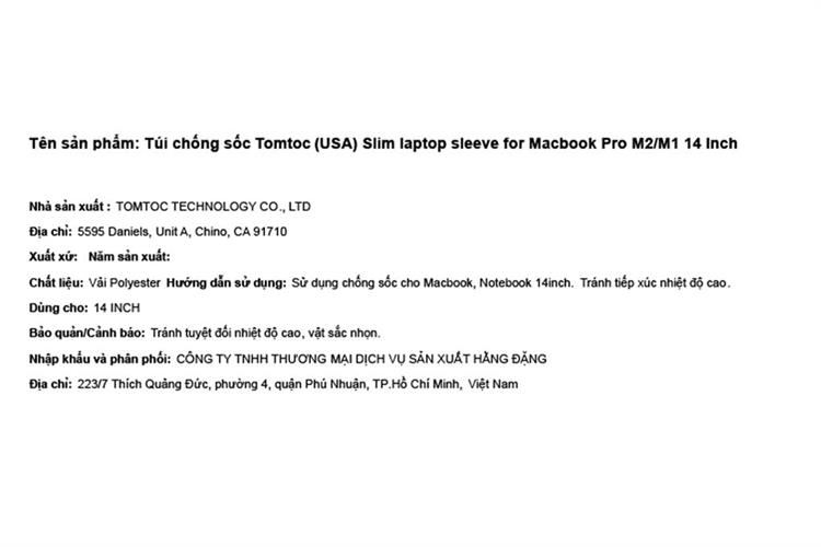 Túi chống sốc Macbook Pro M2/M1 14 inch Tomtoc Màu Đen