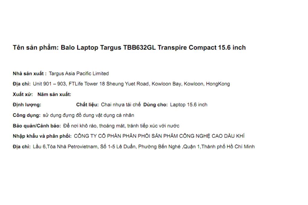 Balo Laptop 15.6 inch Targus Transpire Compact TBB632GL Màu Đen
